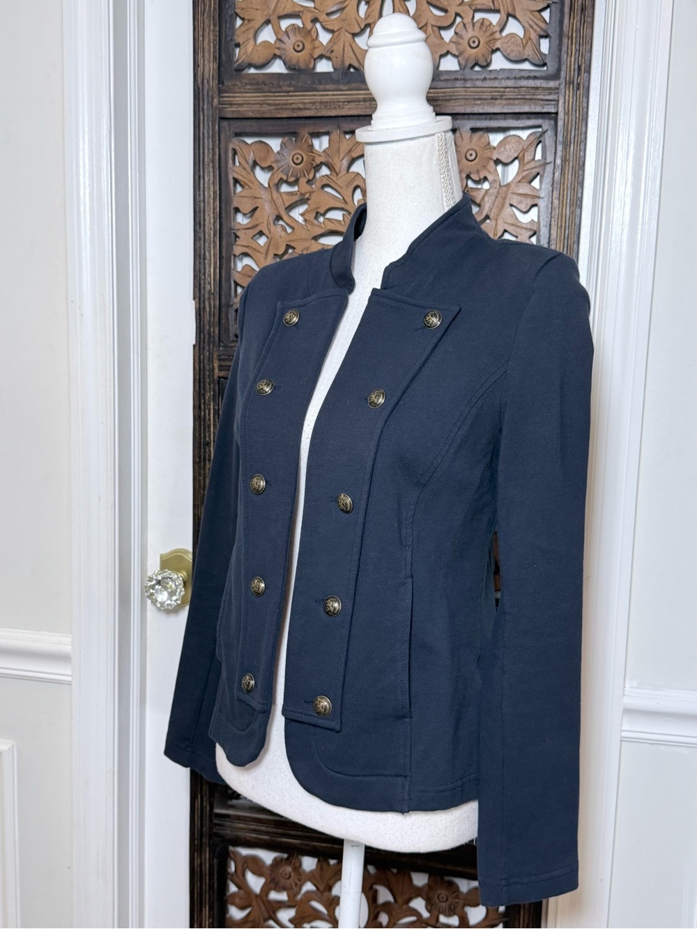 Tommy Hilfiger Military Band Jacket Navy Stand Collar Knit Blazer Gold Buttons M - Picture 4 of 15